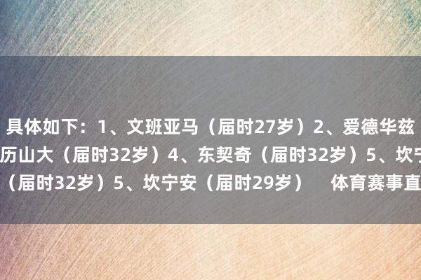 具体如下：1、文班亚马（届时27岁）2、爱德华兹（届时29岁）3、亚历山大（届时32岁）4、东契奇（届时32岁）5、坎宁安（届时29岁）    体育赛事直播